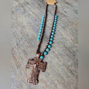 NWT Bronze large cross pendant turquoise beaded necklace
